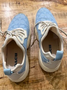 Coach Light Blue Signature Logo Sneakers with Cream Accents